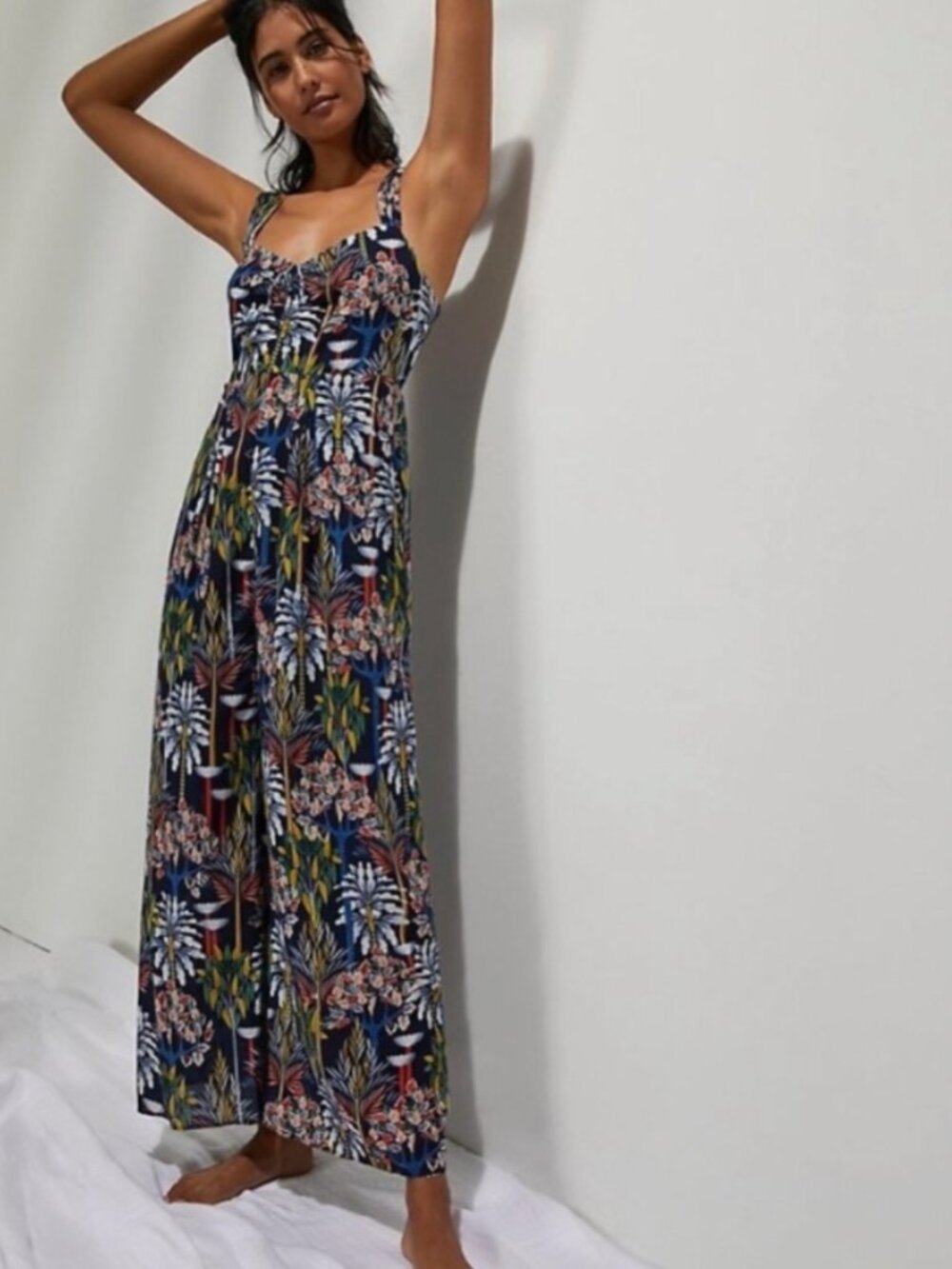 Anthropologie Navy Floral Wide-Leg Jumpsuit